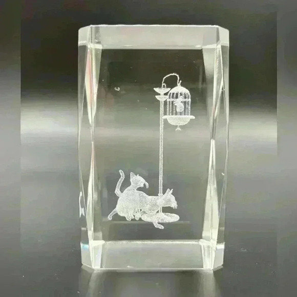 Vintage Cat Bird Cage Bubblegram 3D Laser Etched Glass Paperweight - Picture 3 of 3